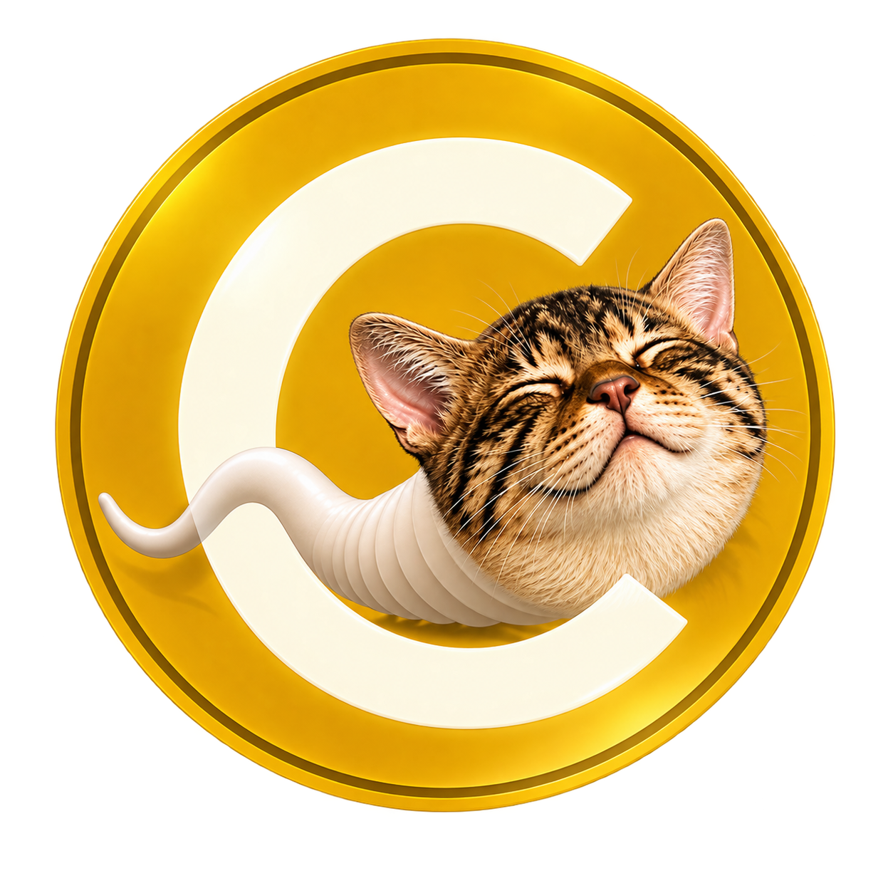 $CUMCATE golden coin logo with a smiling cat